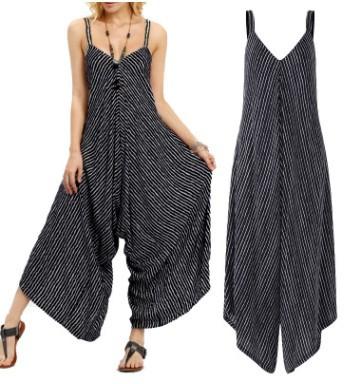 Women Black&white Striped Loose Jumpsuits-STYLEGOING