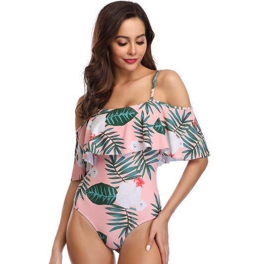 Sexy Off The Shoulder Floral Print One Piece Swimsuit for Women