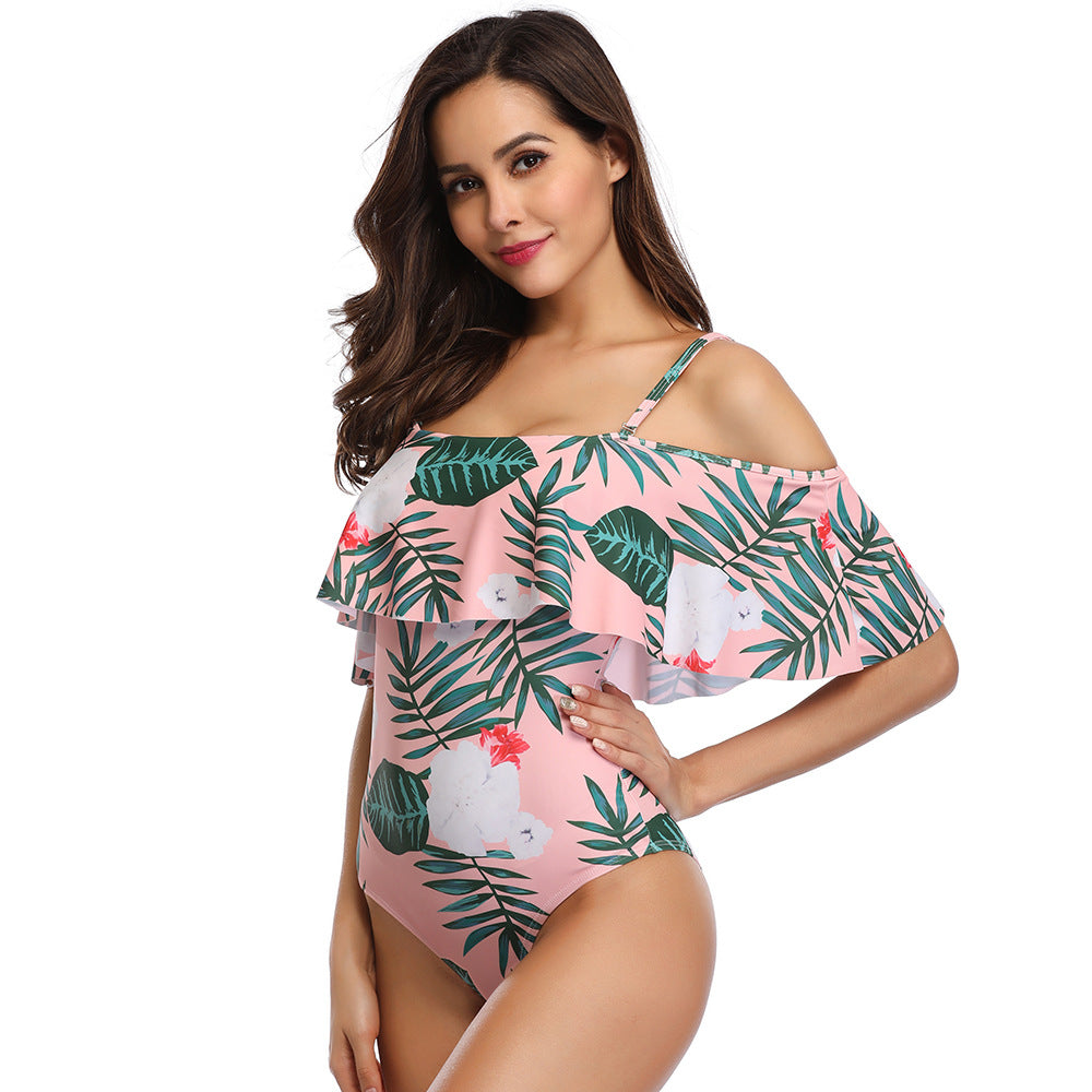 Sexy Off The Shoulder Floral Print One Piece Swimsuit for Women