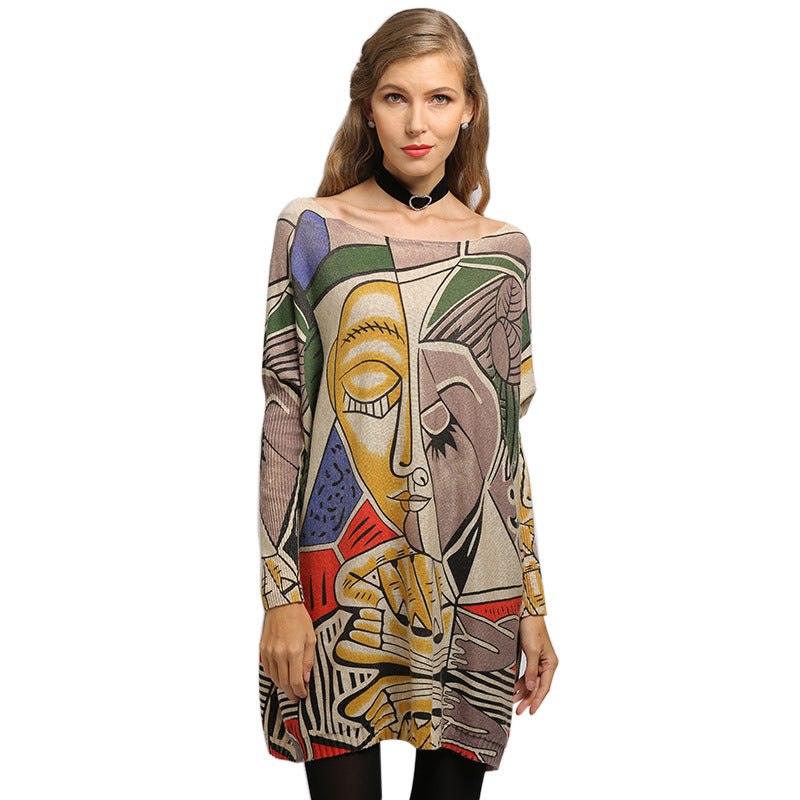 Women Face Print Pullover Knitting Sweaters