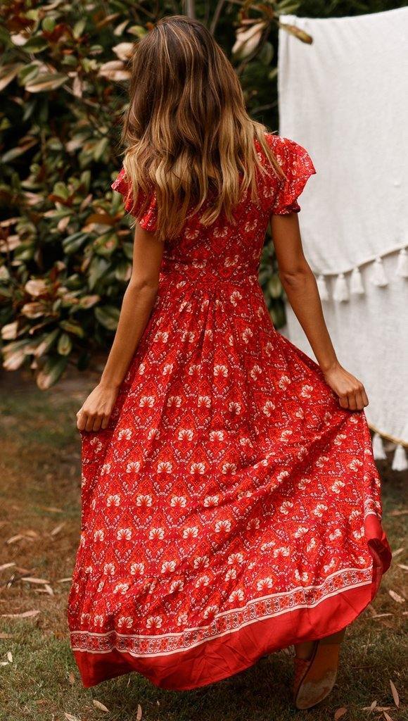 Summer Floral Print Short Sleeves Red Dresses-STYLEGOING