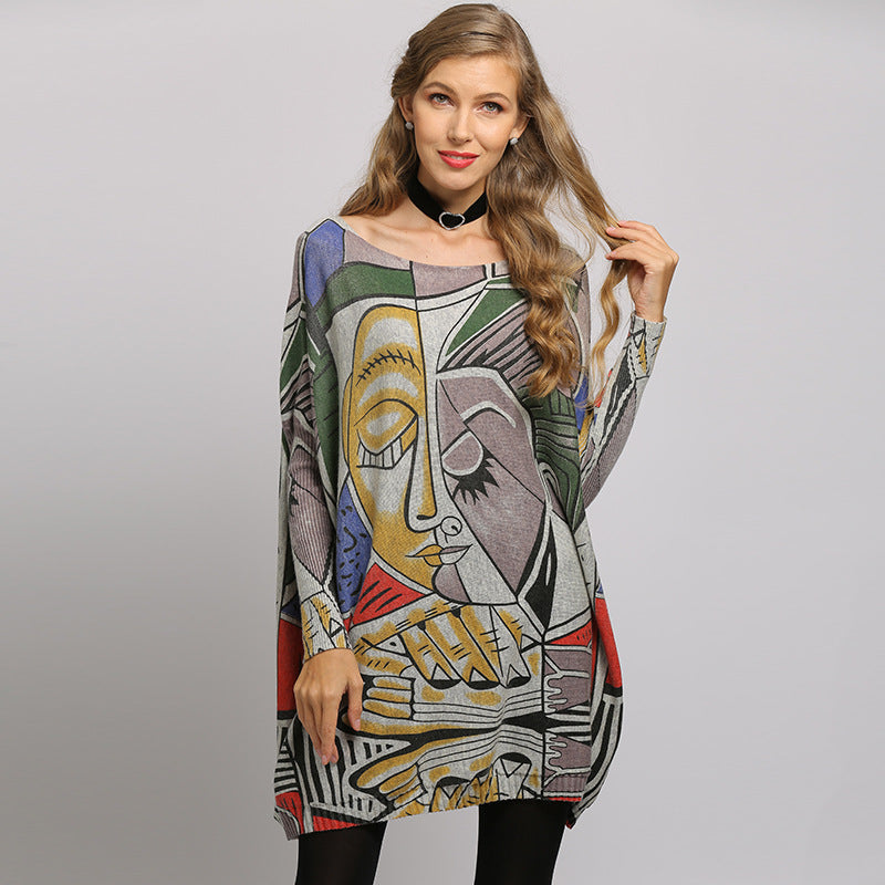 Women Face Print Pullover Knitting Sweaters