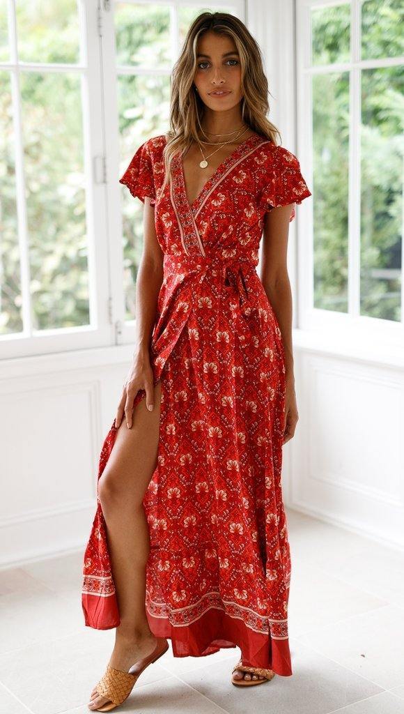 Summer Floral Print Short Sleeves Red Dresses-STYLEGOING