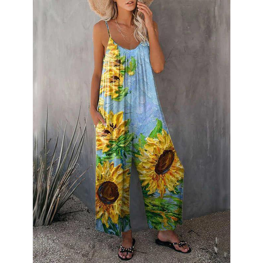 Sunflowers Spaghetti Straps Loose Jumpsuits-STYLEGOING
