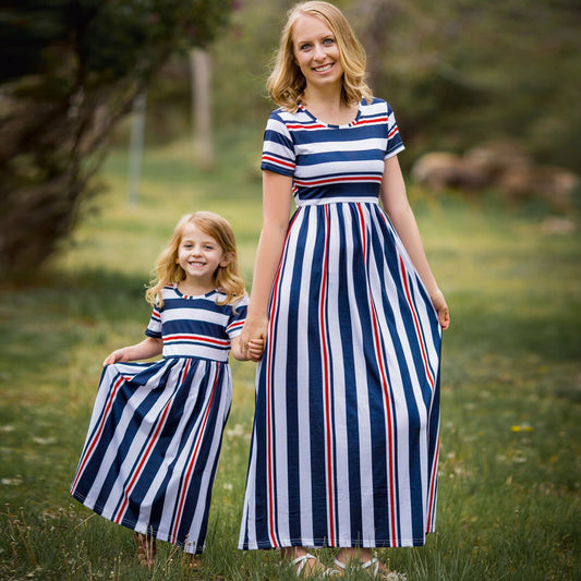 Sumer Striped Parent-kids Long Maxi Dresses