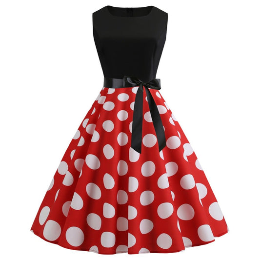 Red Plus Sizes Round Neck Polk Dot Dresses-STYLEGOING