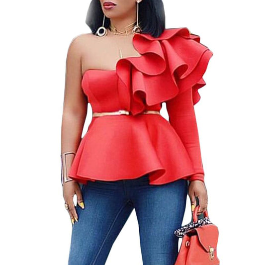 Women One Shoulder Long Sleeves Blouses-STYLEGOING