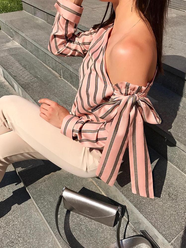 Long Sleeves One Shoulder Striped Shirts-STYLEGOING