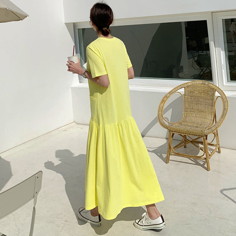 Casual Ruffled Yellow Long Maxi Dresses with Pockets