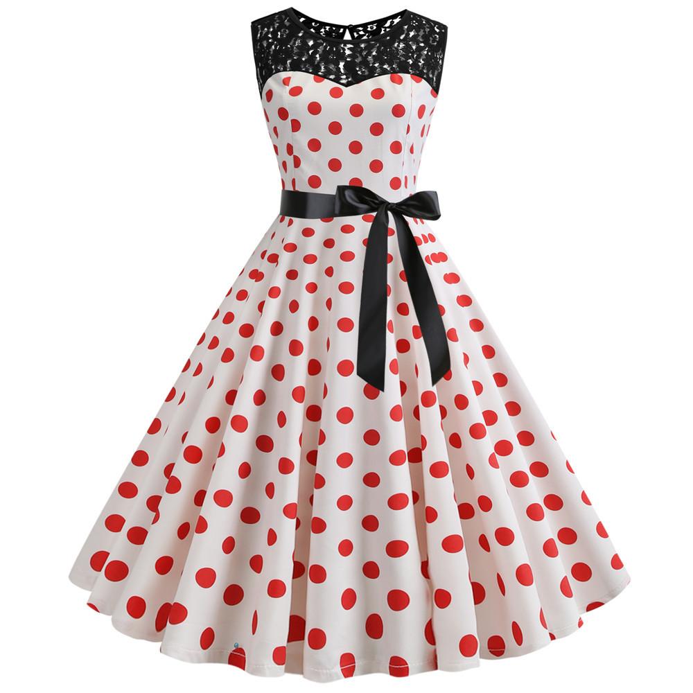 Summer Vintage Dot Print Sleeveless Dresses-STYLEGOING