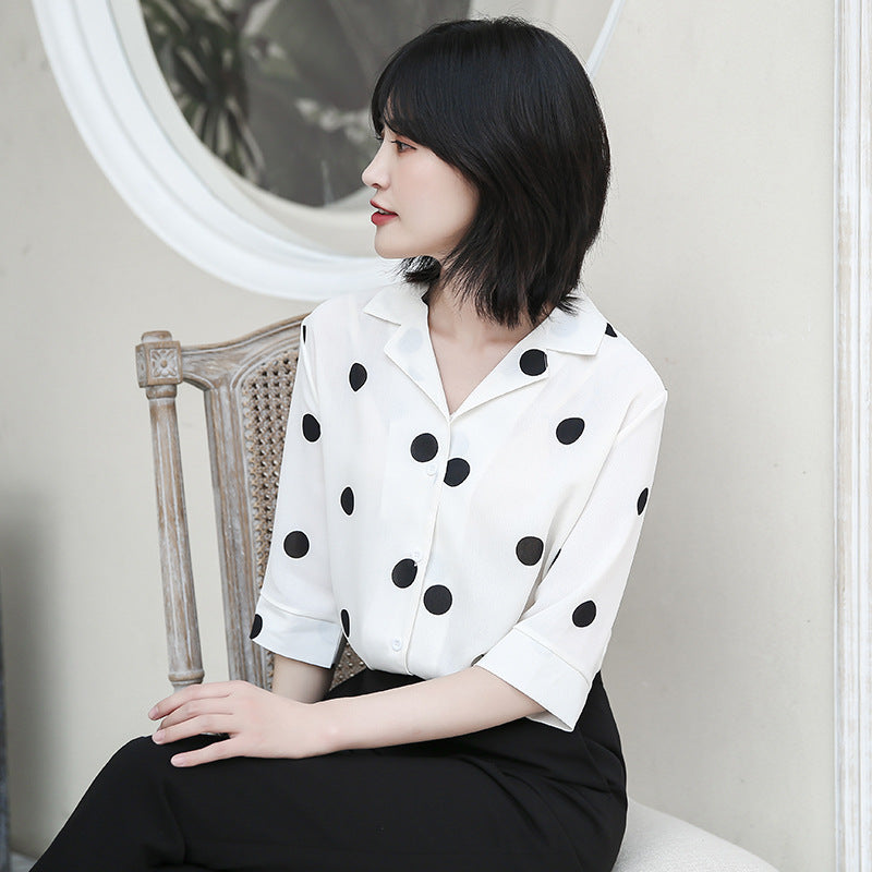 Summer Chiffon Dot Print Women Long Sleeves Shirts