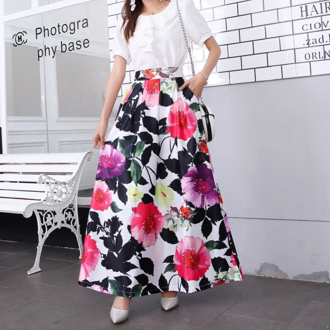 Vintage Floral Print Long Skirts for Women