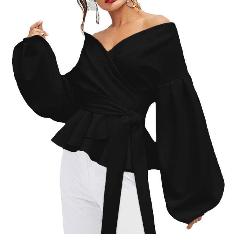 Black Women Sexy Bowknot Puff Sleeves Blouses-STYLEGOING