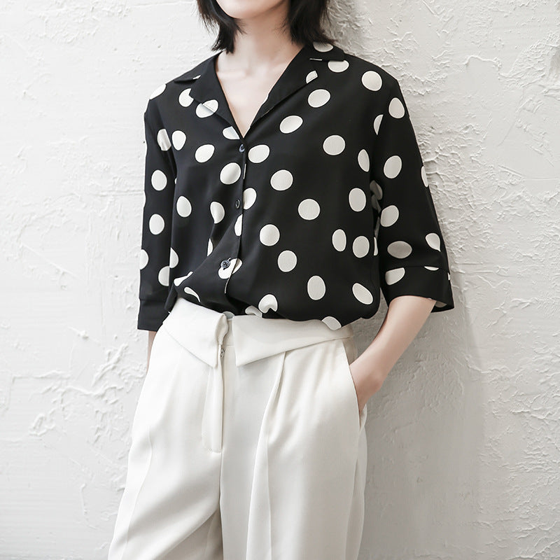 Summer Chiffon Dot Print Women Long Sleeves Shirts