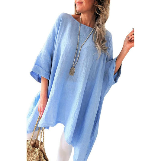 Women Linen Short Sleeves Casual Blouses-STYLEGOING