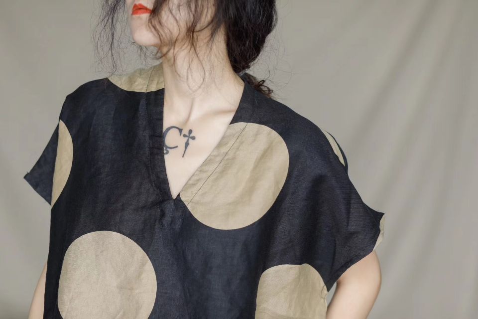 Vintage Linen Dot Print Short Sleeves Blouses for Women