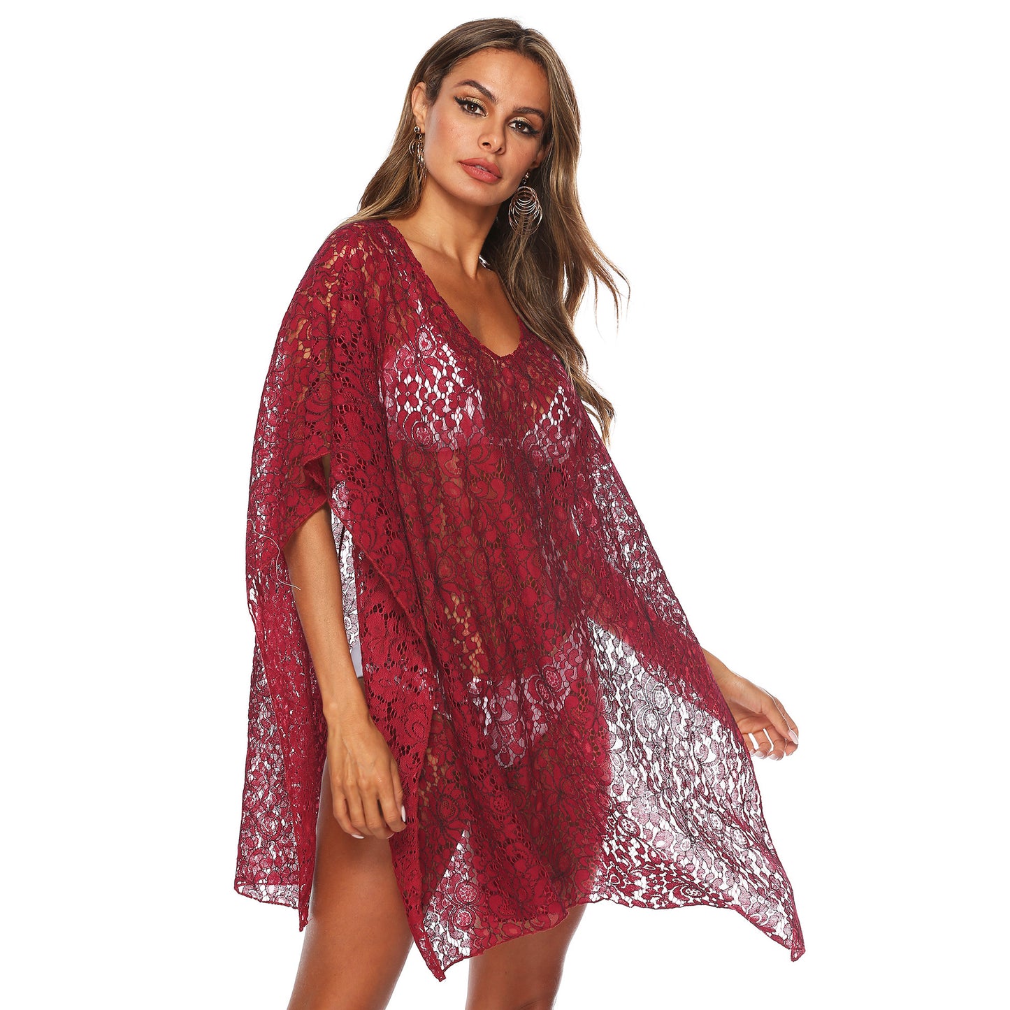 Wine Red Lace See Through Summer Beach Cover Ups