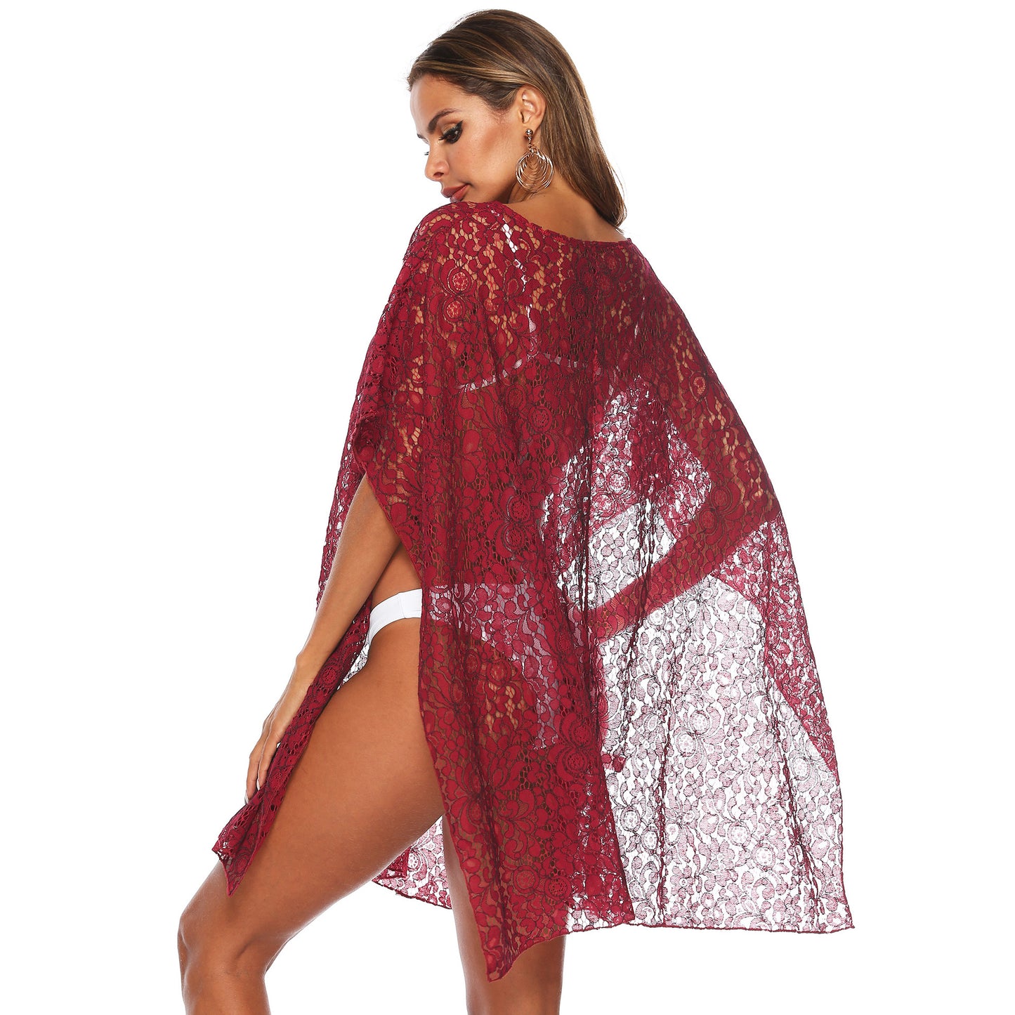 Wine Red Lace See Through Summer Beach Cover Ups