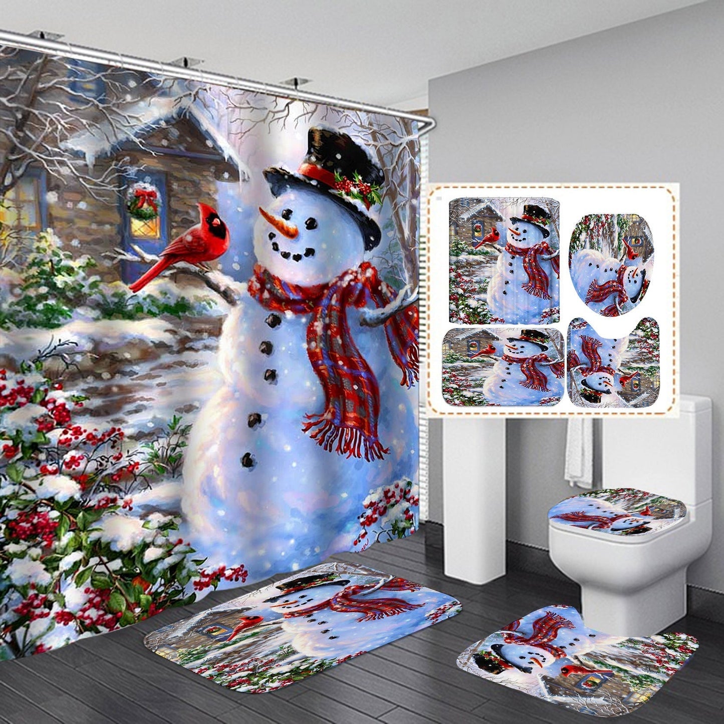 Merry Christmas Shower Curtain Bathroom Rug Set Bath Mat Non-Slip Toilet Lid Cover-Shower Curtain-180×180cm Shower Curtain Only-3-Free Shipping at meselling99