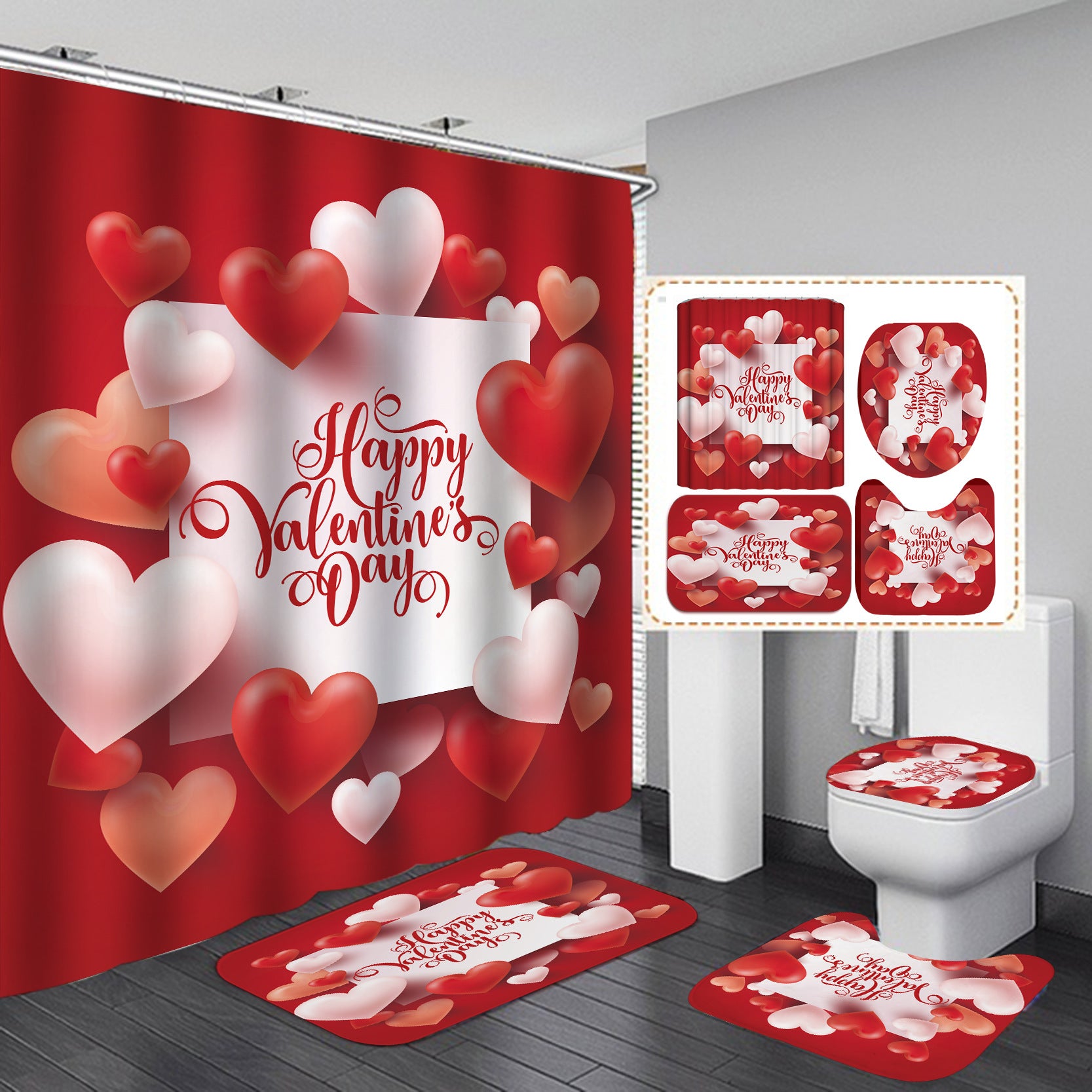 Valentine's Sweetheart Bathroom Shower Curtain Sets with Rug-STYLEGOING