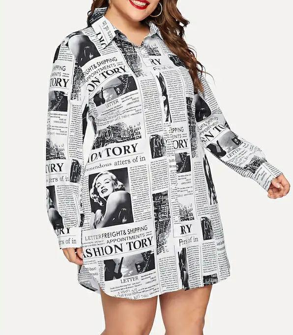 Women Newspaper Print Plus Sizes Short Shirt Dresses--Free Shipping at meselling99