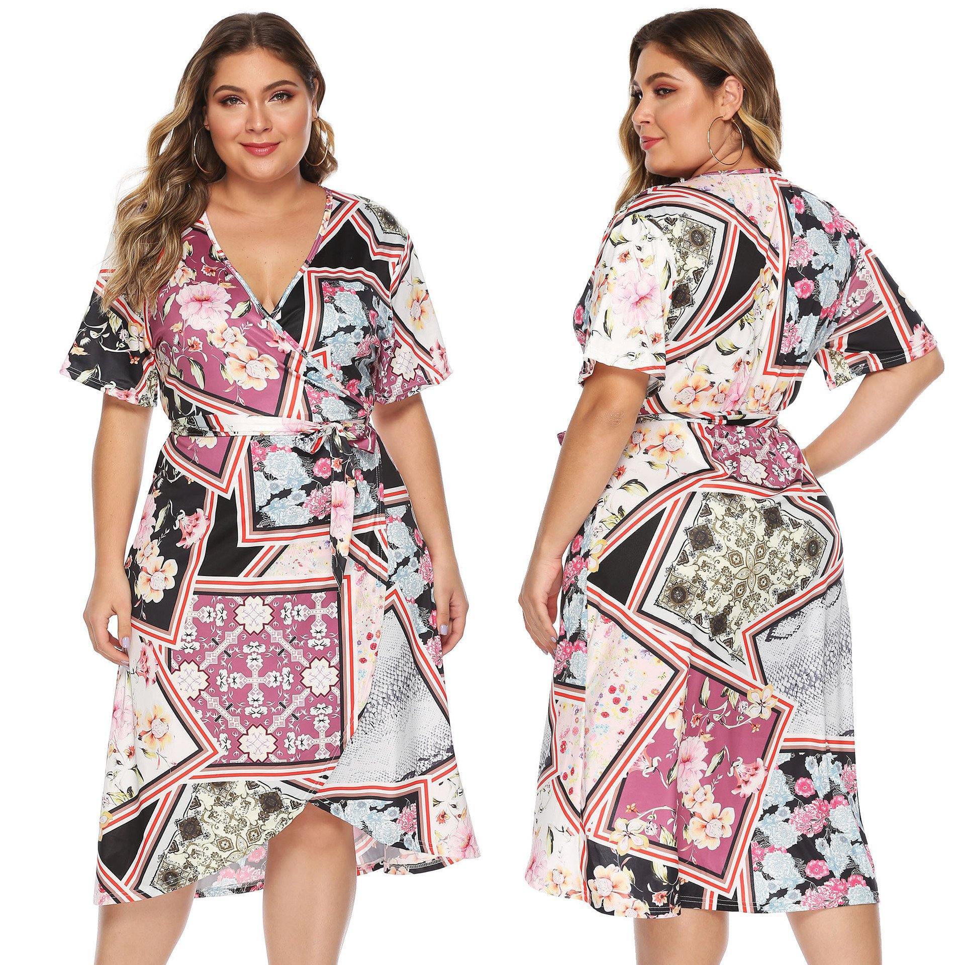 Women Plus Sizes Floral Print Summer Dresses-STYLEGOING