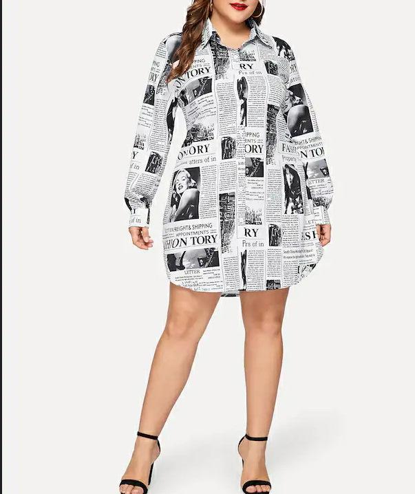 Women Newspaper Print Plus Sizes Short Shirt Dresses--Free Shipping at meselling99