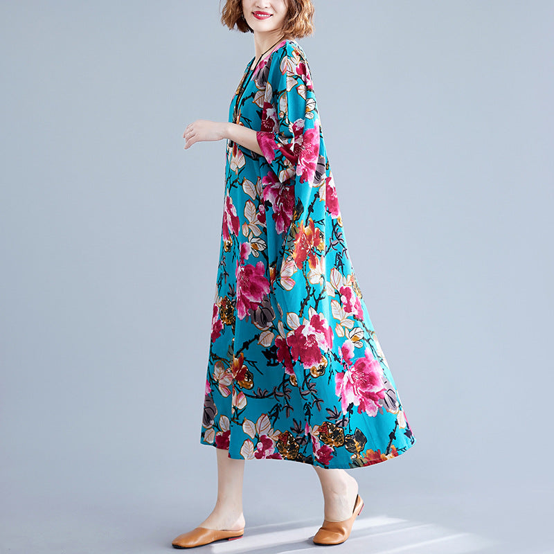 Ethnic Floral Print Plus Sizes Linen Dresses