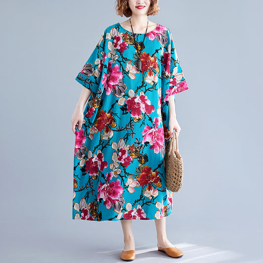Ethnic Floral Print Plus Sizes Linen Dresses