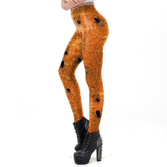 Halloween Pumpkin/Human Skeleton Print Elastic Leggings
