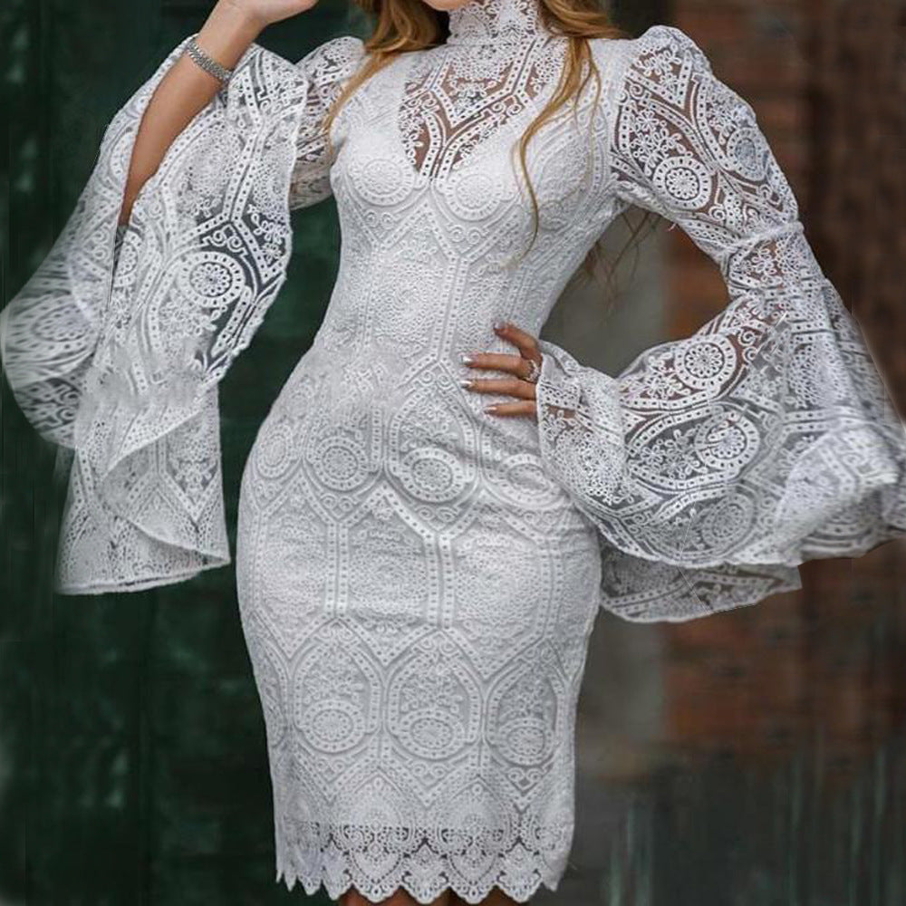 White Lace Trumpet Sleeves Women Party Dresses