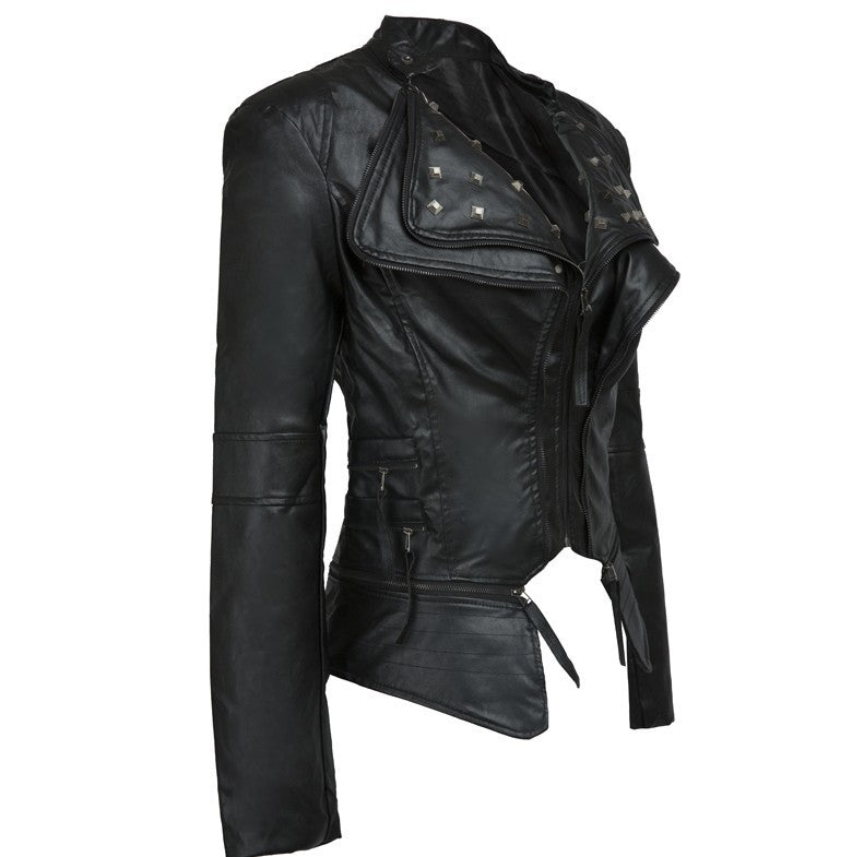 Fashion Women Zipper Rivet Short PU Jacket