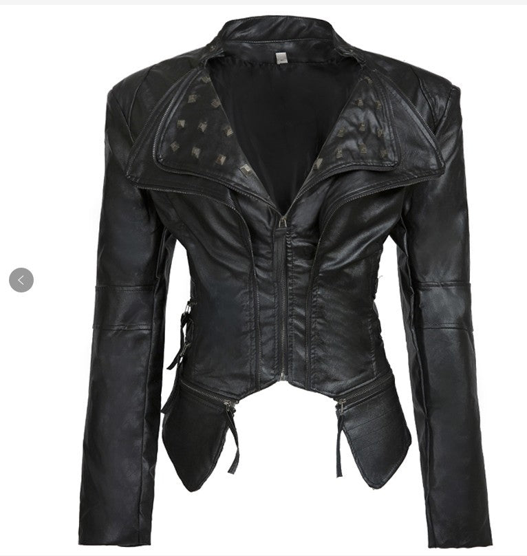 Fashion Women Zipper Rivet Short PU Jacket