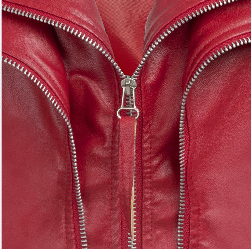 Women PU Leather Zipper Short Jacket Overcoat