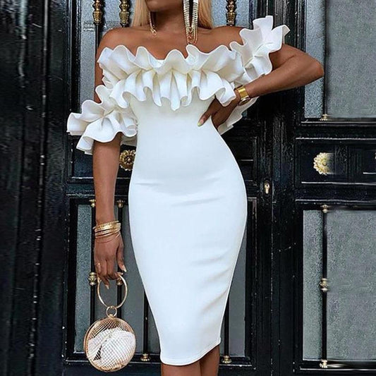 White Sexy Ruffled Bodycon Dresses-STYLEGOING