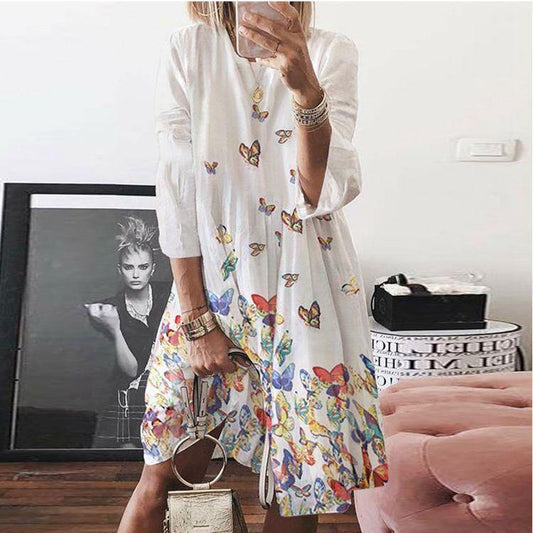 Round Neck Butterfly Print Mini Sleeves-STYLEGOING