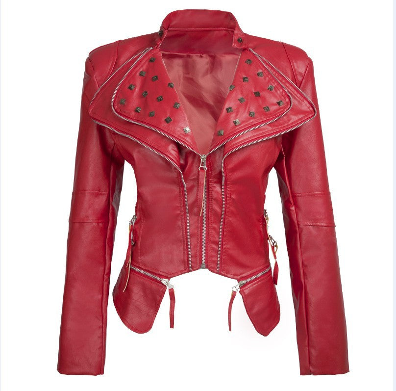 Fashion Women Zipper Rivet Short PU Jacket