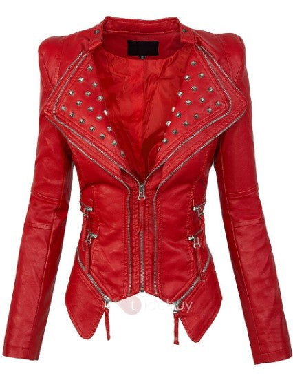 Fashion Women Zipper Rivet Short PU Jacket