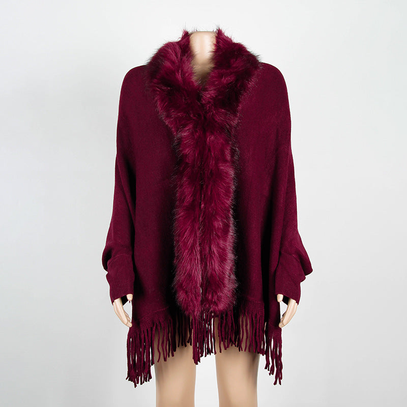 Women Winter Tassels Fur Collar Cardigan Overcoat