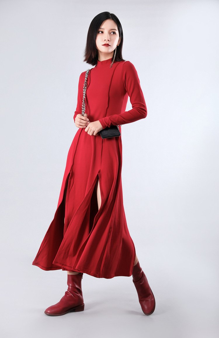 Women Split High Neck Irregular Fall Dresses