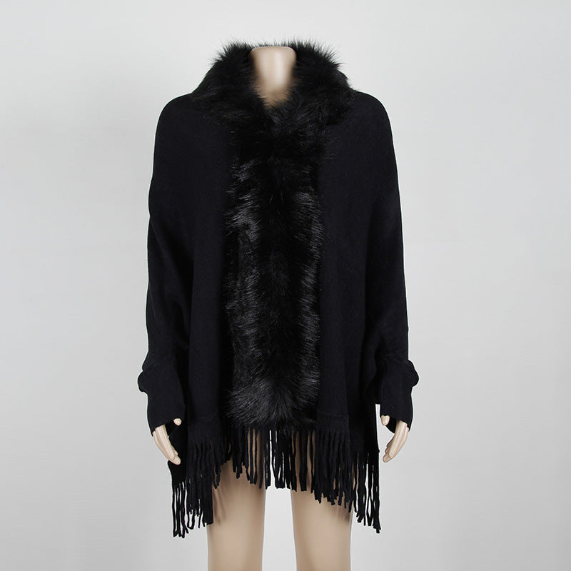 Women Winter Tassels Fur Collar Cardigan Overcoat