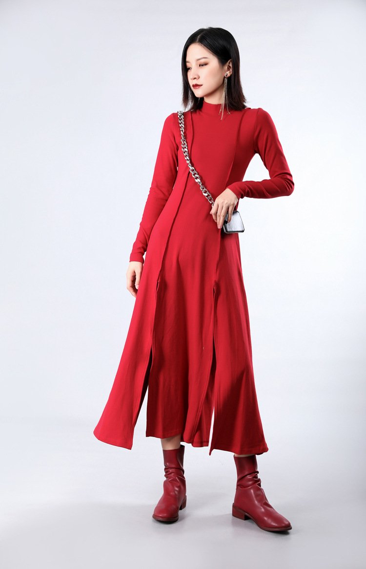 Women Split High Neck Irregular Fall Dresses