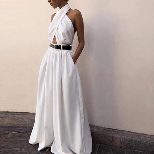 White Sexy Halter Sleevess Backless Jumpsuits-STYLEGOING