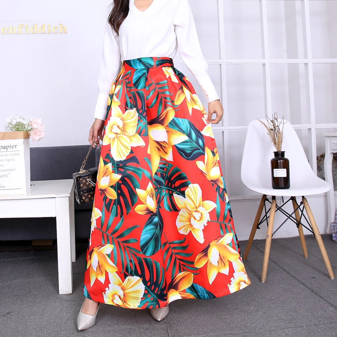 Vintage Floral Print Long Skirts for Women