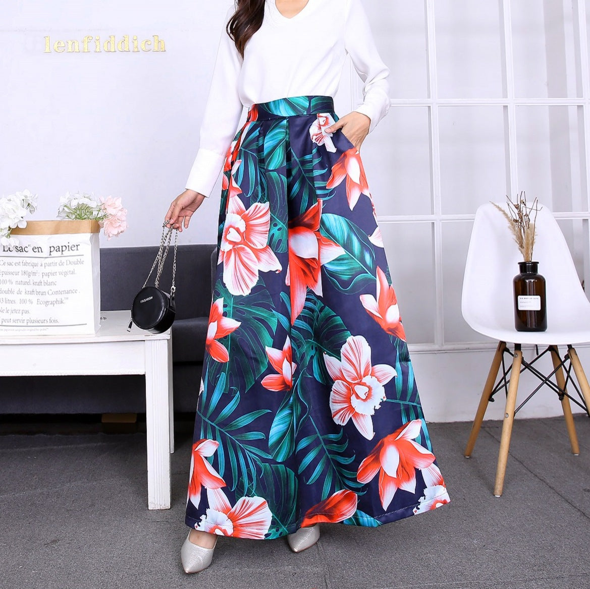 Vintage Floral Print Long Skirts for Women