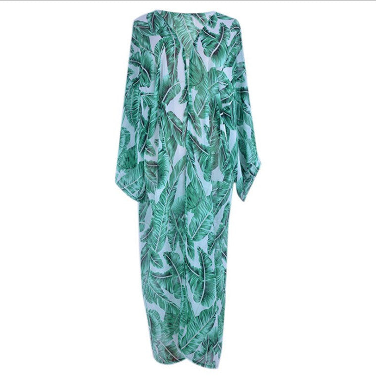 Green Chiffon Palm Leaf Print Holiday Kimono Cover Ups Dresses