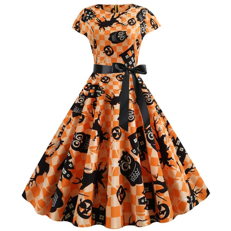 Halloween Pumplin Style Short Sleeves Dresses-STYLEGOING