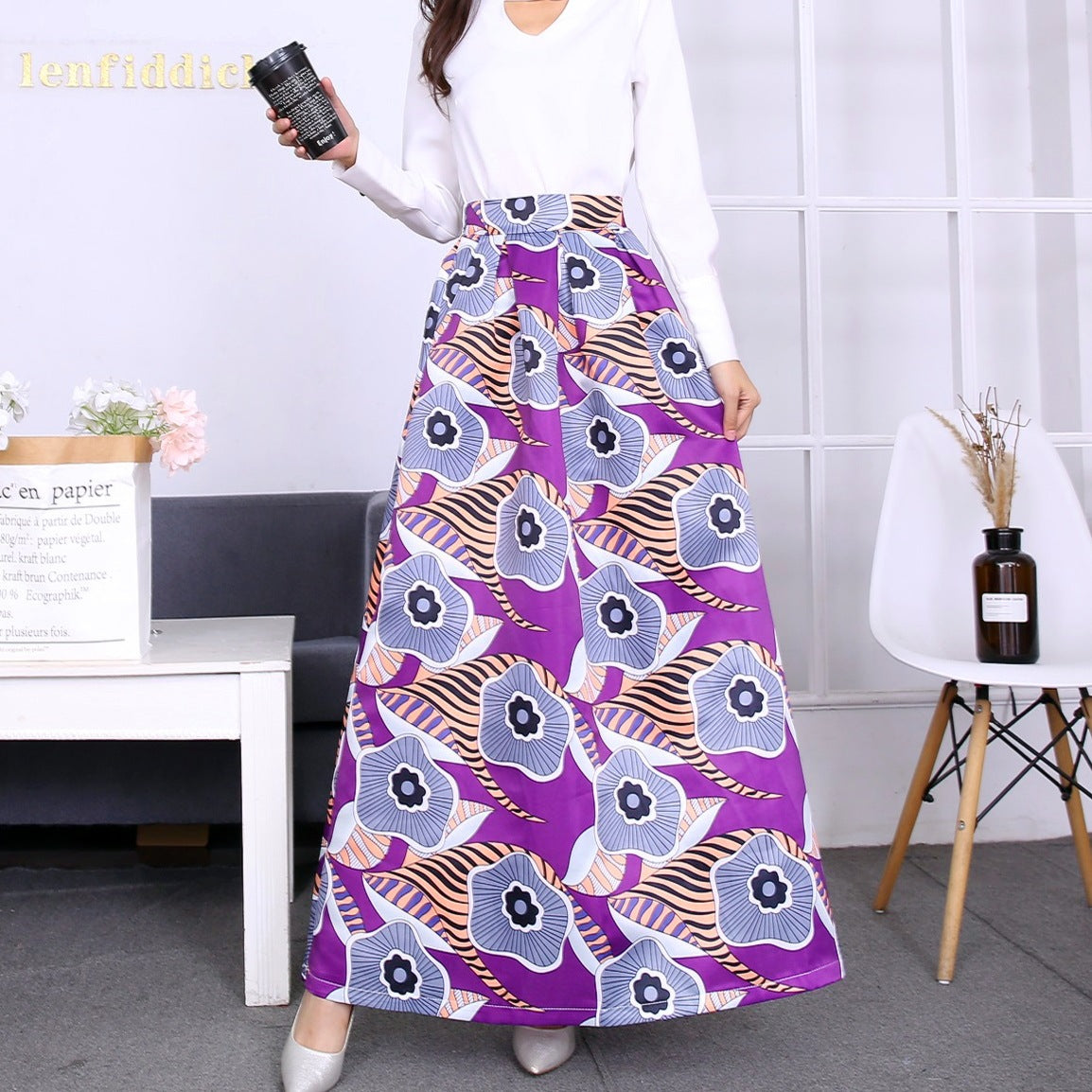 Vintage Floral Print Long Skirts for Women