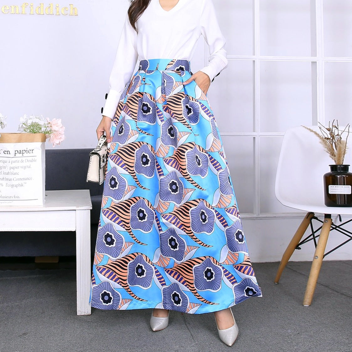 Vintage Floral Print Long Skirts for Women