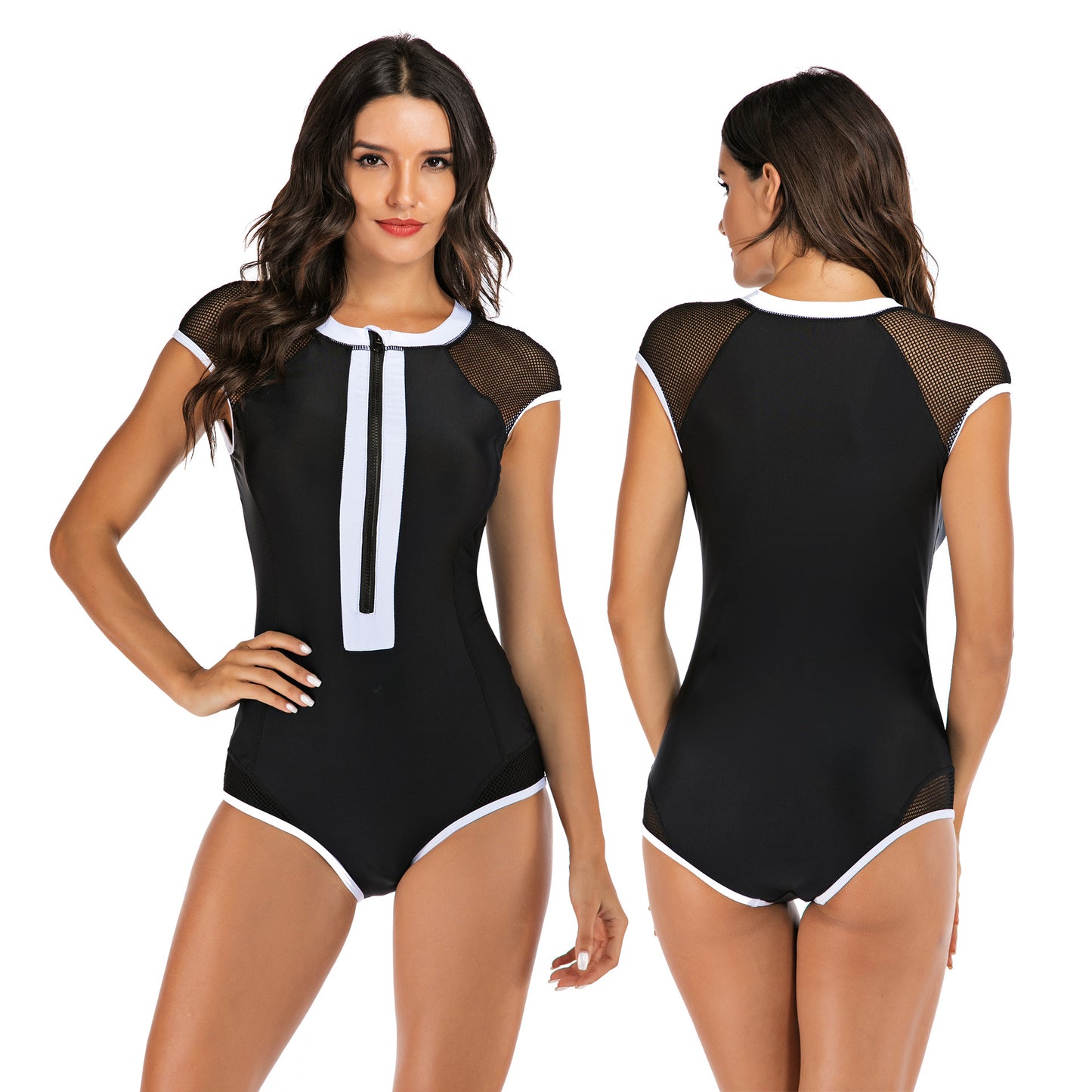 Sexy Sleeveless Zipper Diving One Piece Black Swimmsuits